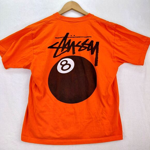 Stussy 8 Ball Shirt Mens L Orange Double Sided Graphic Print Tee Made in USA - Picture 1 of 10